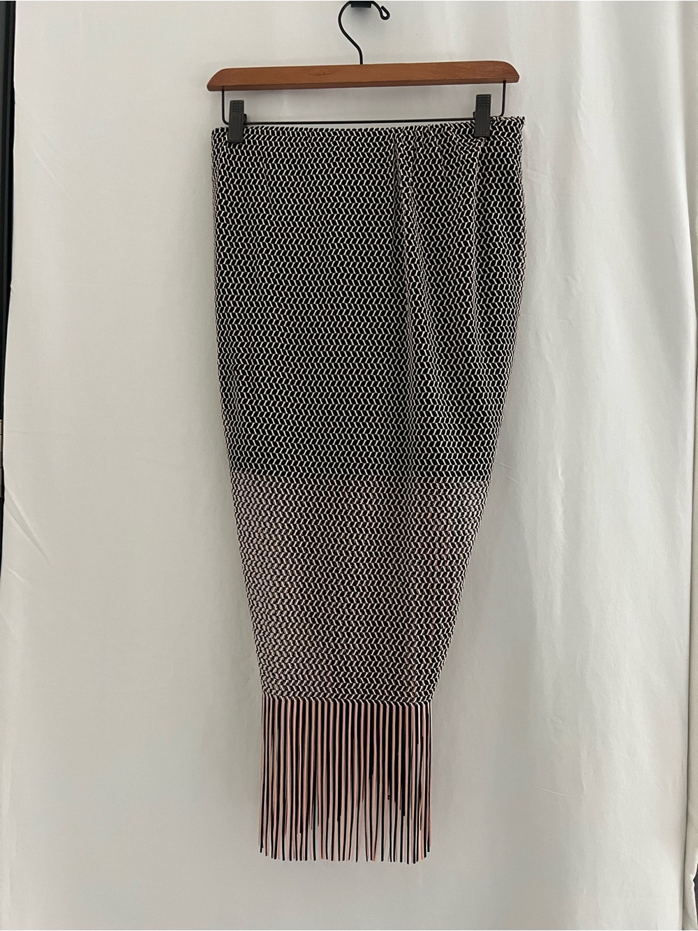 NWT Zara Trafaluc Black & Cream Fringe Midi Skirt Medium - Picture 6 of 10